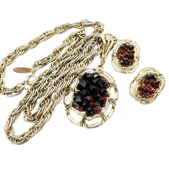Vintage Whiting & Davis Amber Glass Gold Tone Pendant Necklace Earring Set - Picture 2 of 4